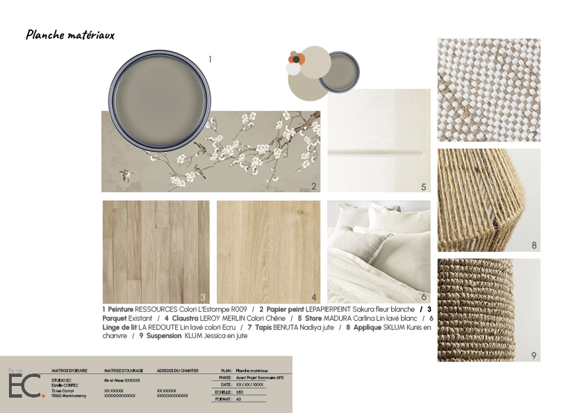 planche matériaux avec références fournisseurs pour une chambre