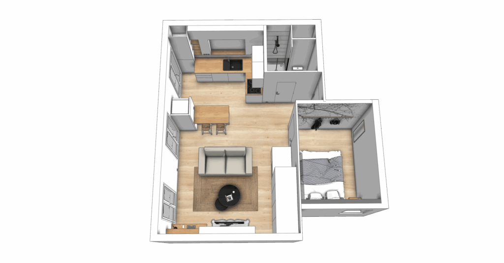 Rénovation appartement – Marseille (34m²) projection 3D d’un appartement de 34m2 à Marseille après optimisation des espaces