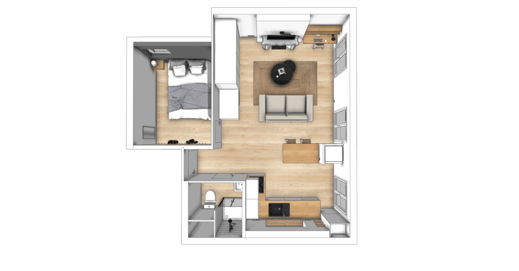 Rénovation appartement – Marseille (34m²) projection 3D d’un aménagement intérieur optimisé et fluide pour un appartement de 34m2 à Marseille destiné à la location