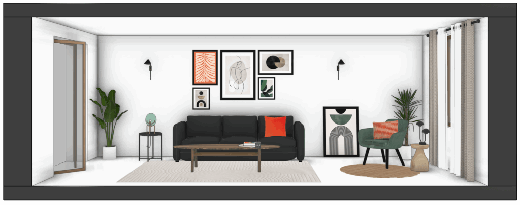 coupe 3D avec vue détaillée du salon vitaminé