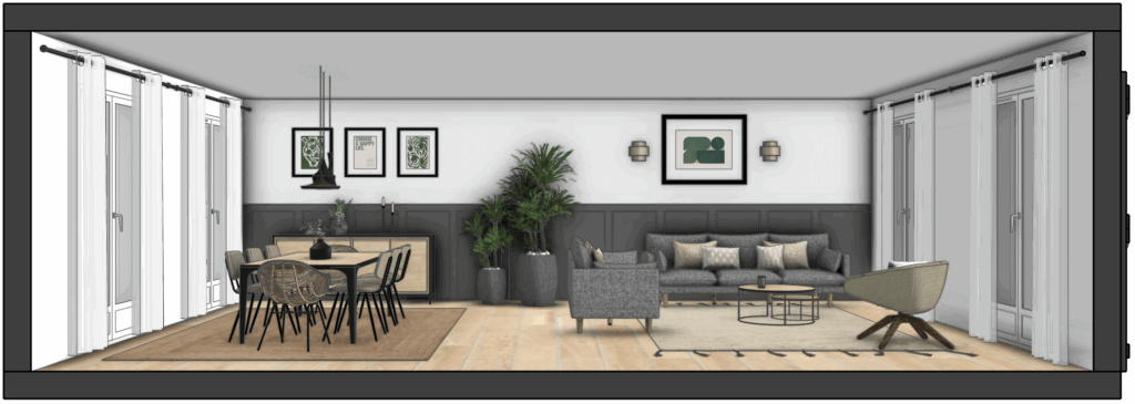 coupe latérale 3D du salon et de la salle à manger après projet d