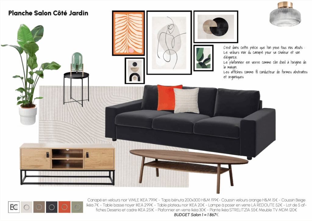 planche  mobilier du salon avec références fournisseurs