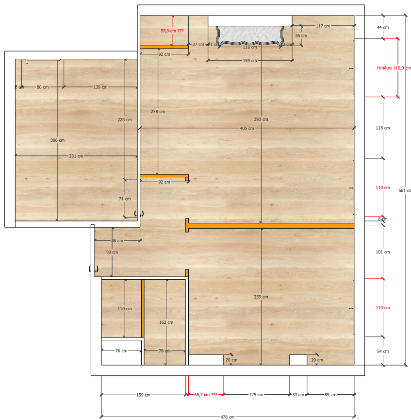 Rénovation appartement – Marseille (34m²) plan 2D avant rénovation avec cotations et murs à abattre d