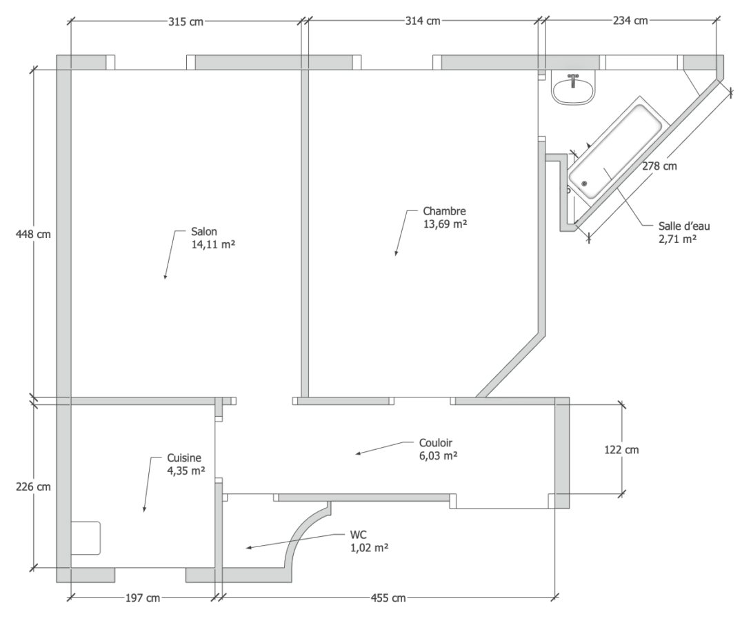 Vue 2D de l'appartement avec côtes et superficies