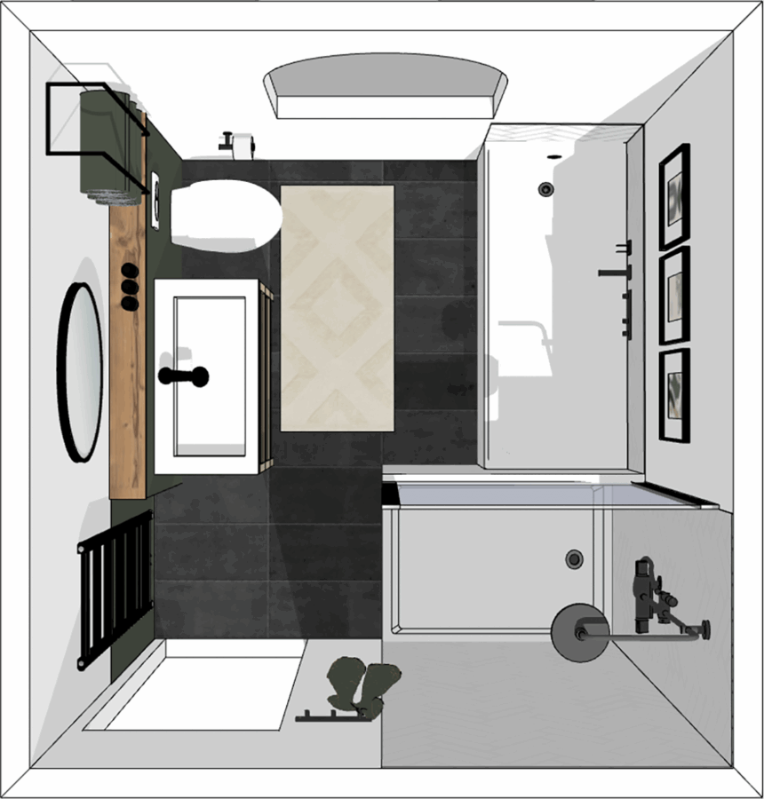 vue 3d plongeante dune salle de bain en projet de renovation