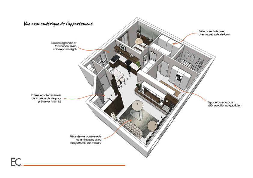 vue axonometrique dun apprtement dans un projet de renovation interieure