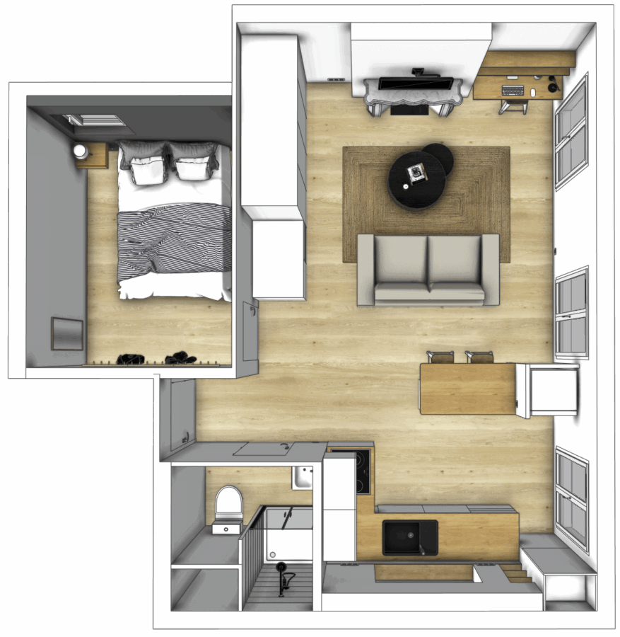 vue 3d d'un appartement de 34 m2 aménagé pour la location